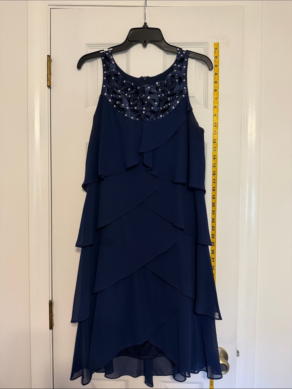 SLNY Navy Beaded High-Low Tiered Chiffon Dress